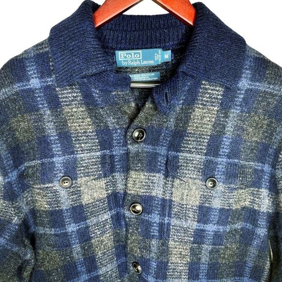 Vintage 80s Polo Ralph Lauren Plaid Wool & Alpaca Cardigan Sweater Jacket Blue - Picture 3 of 16